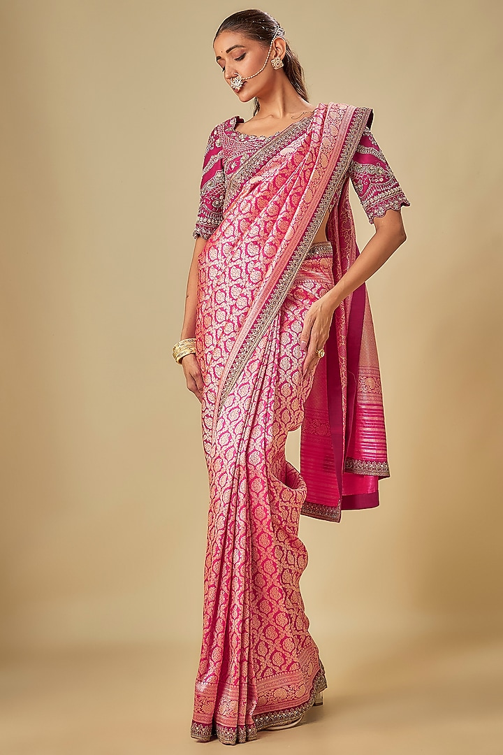 Pink Banarasi Zardosi Embroidered Bridal Saree Set by Jayanti Reddy at Pernia's Pop Up Shop