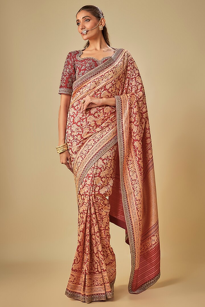 Red Banarasi Zardosi Embroidered Bridal Saree Set by Jayanti Reddy at Pernia's Pop Up Shop