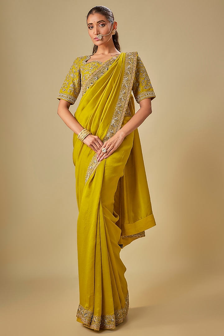 Mustard Silk Zardosi Embroidered Bridal Saree Set by Jayanti Reddy at Pernia's Pop Up Shop