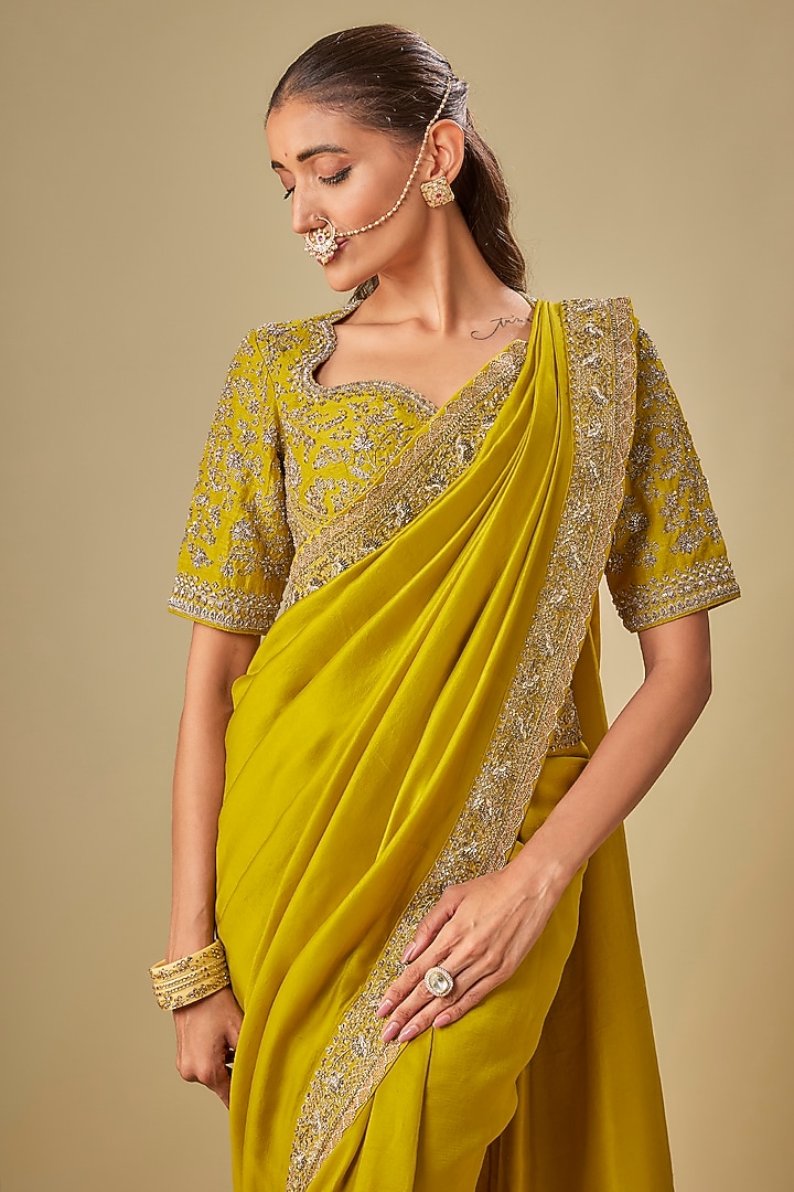 Mustard Silk Zardosi Embroidered Bridal Saree Set by Jayanti Reddy at Pernia's Pop Up Shop