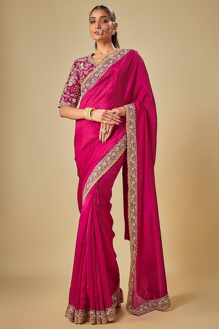Pink Silk Zardosi Embroidered Bridal Saree Set by Jayanti Reddy at Pernia's Pop Up Shop
