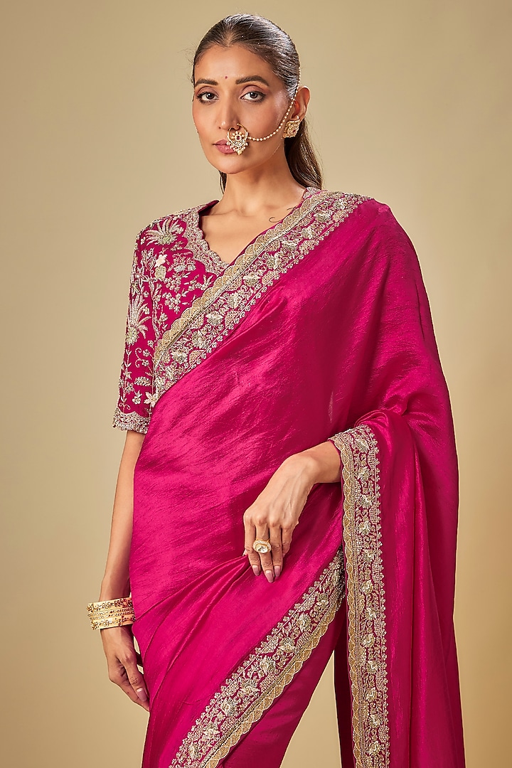 Pink Silk Zardosi Embroidered Bridal Saree Set by Jayanti Reddy at Pernia's Pop Up Shop