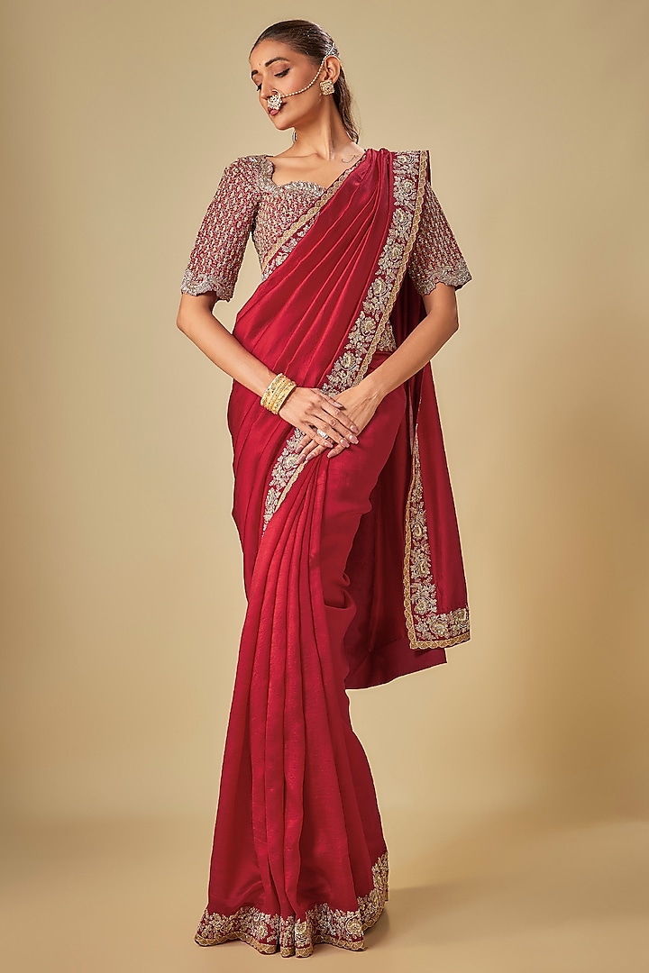 Red Silk Zardosi Embroidered Bridal Saree Set by Jayanti Reddy at Pernia's Pop Up Shop
