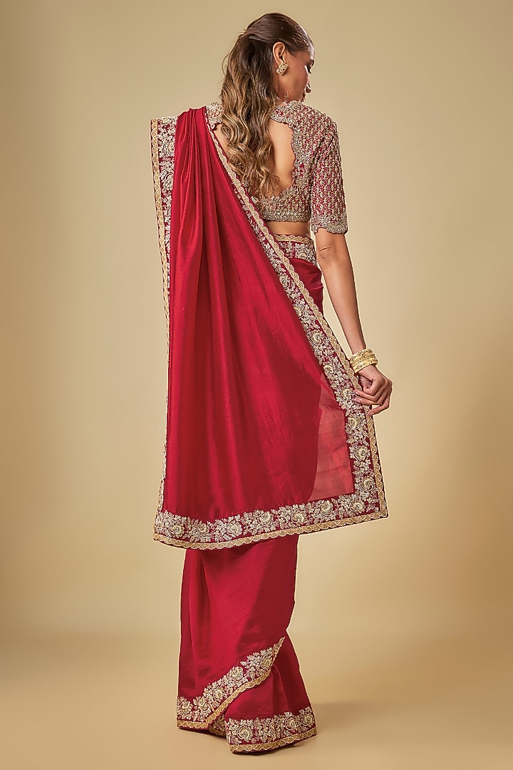 Red Silk Zardosi Embroidered Bridal Saree Set by Jayanti Reddy at Pernia's Pop Up Shop