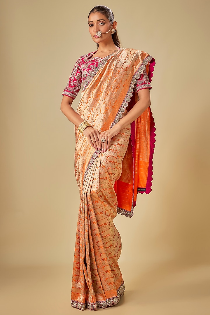 Orange Banarasi Zardosi Embroidered Bridal Saree Set by Jayanti Reddy at Pernia's Pop Up Shop
