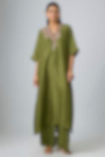 Olive Green Silk Zardosi Embroidered Kaftan Set by Jayanti Reddy at Pernia's Pop Up Shop