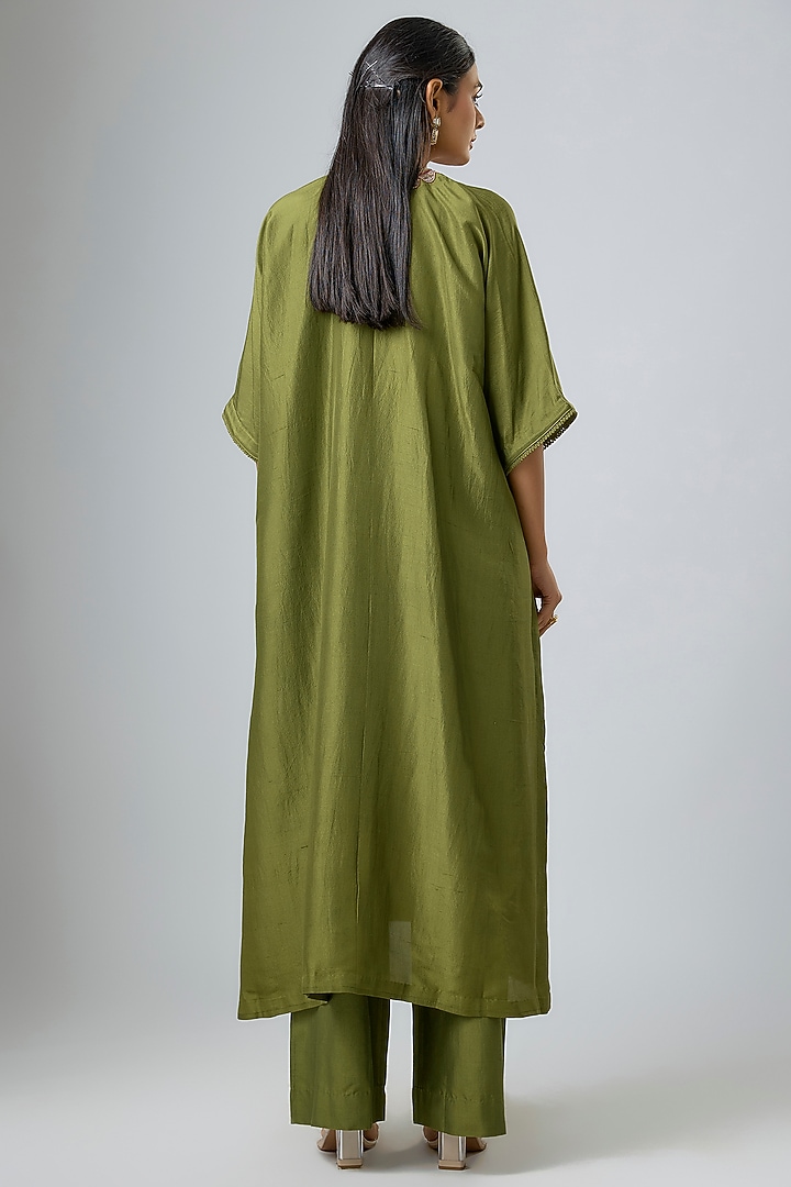 Olive Green Silk Zardosi Embroidered Kaftan Set by Jayanti Reddy at Pernia's Pop Up Shop