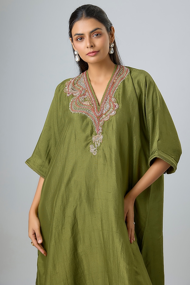 Olive Green Silk Zardosi Embroidered Kaftan Set by Jayanti Reddy at Pernia's Pop Up Shop