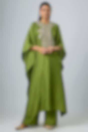 Olive Green Silk Zardosi Embroidered Kaftan Set by Jayanti Reddy at Pernia's Pop Up Shop