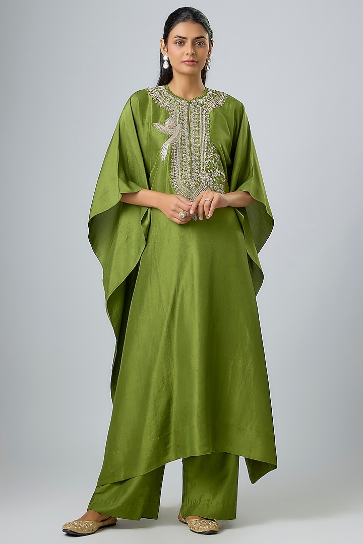 Olive Green Silk Zardosi Embroidered Kaftan Set by Jayanti Reddy at Pernia's Pop Up Shop