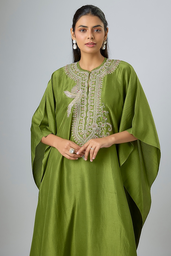 Olive Green Silk Zardosi Embroidered Kaftan Set by Jayanti Reddy at Pernia's Pop Up Shop