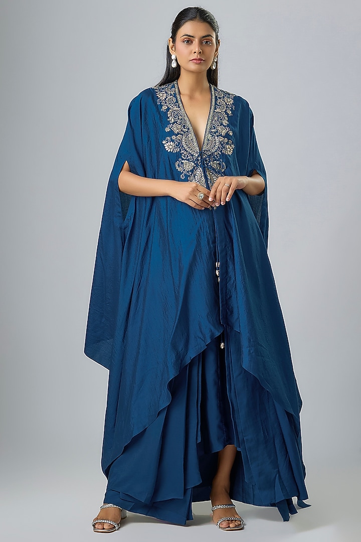 Navy Blue Silk Zardosi Embroidered Cape Set by Jayanti Reddy at Pernia's Pop Up Shop