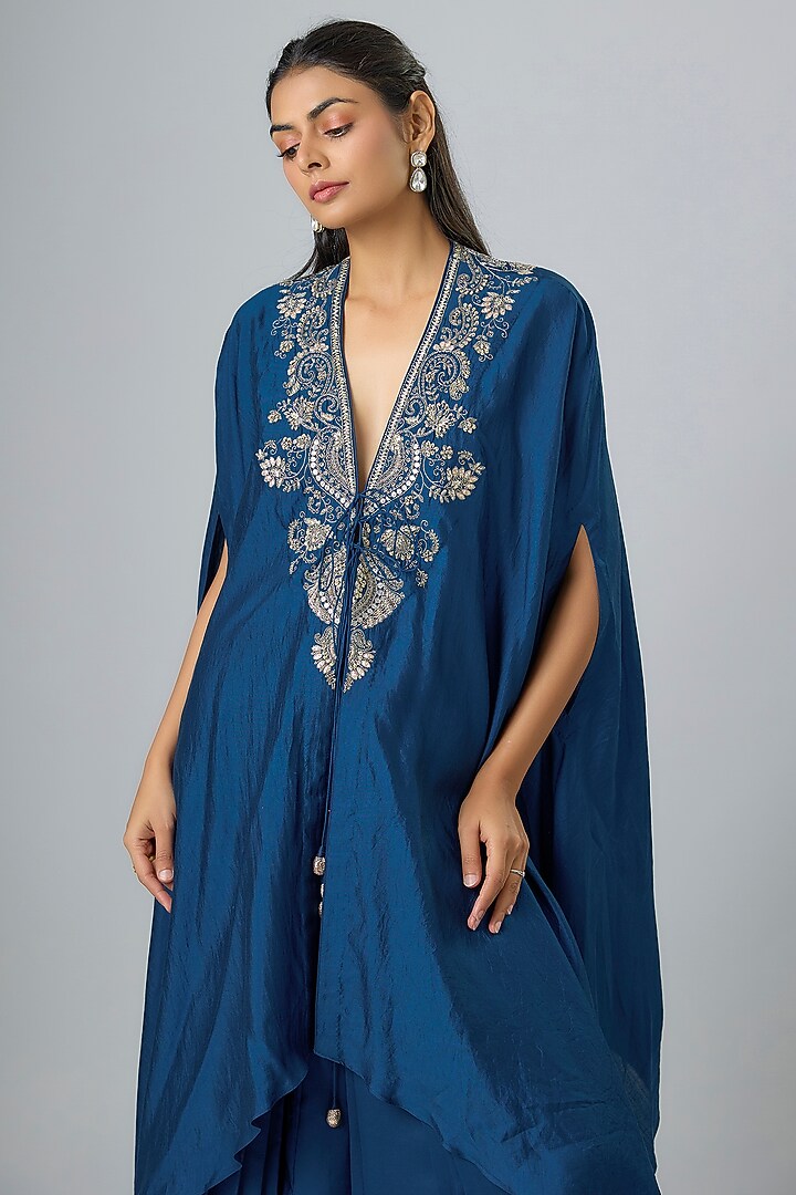 Navy Blue Silk Zardosi Embroidered Cape Set by Jayanti Reddy at Pernia's Pop Up Shop