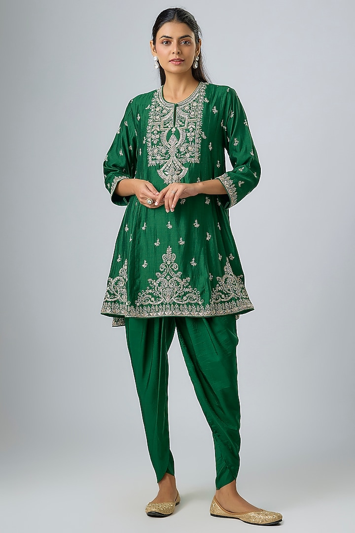 Emerald Green Silk Zardosi Embroidered Tunic Set by Jayanti Reddy at Pernia's Pop Up Shop