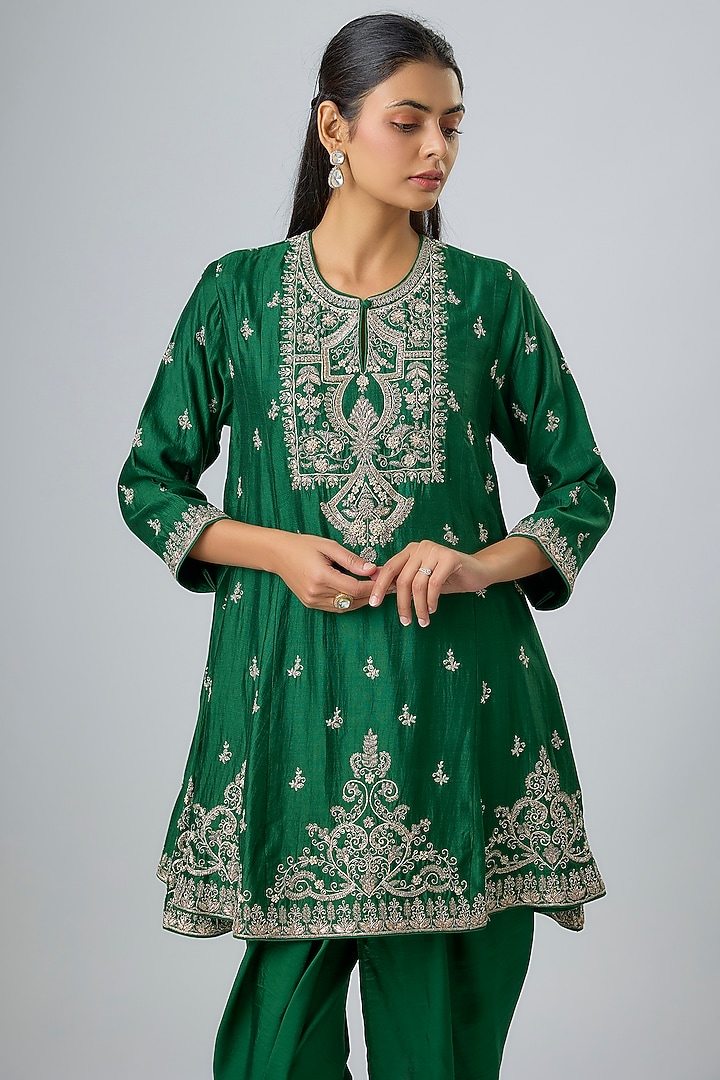 Emerald Green Silk Zardosi Embroidered Tunic Set by Jayanti Reddy at Pernia's Pop Up Shop