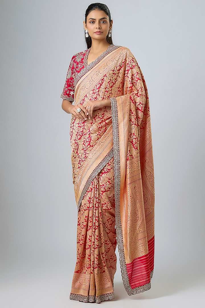 Red Banarasi Zardozi Embroidered Bridal Saree Set by Jayanti Reddy at Pernia's Pop Up Shop