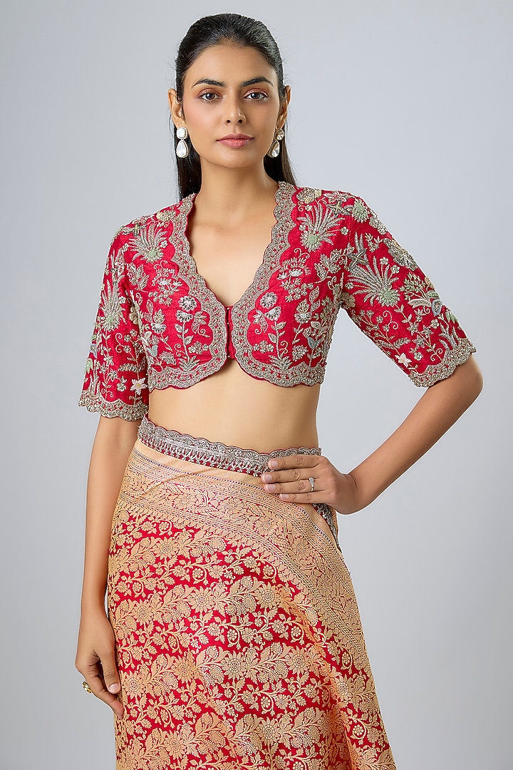 Red Banarasi Zardozi Embroidered Bridal Saree Set by Jayanti Reddy at Pernia's Pop Up Shop