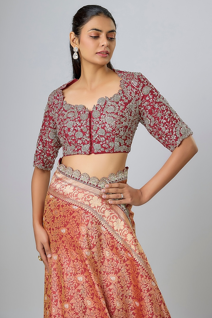 Red Banarasi Zardosi Embroidered Bridal Saree Set by Jayanti Reddy at Pernia's Pop Up Shop