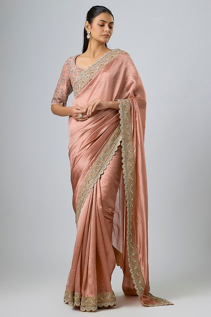 Peach Silk Zardosi Embroidered Bridal Saree Set by Jayanti Reddy at Pernia's Pop Up Shop