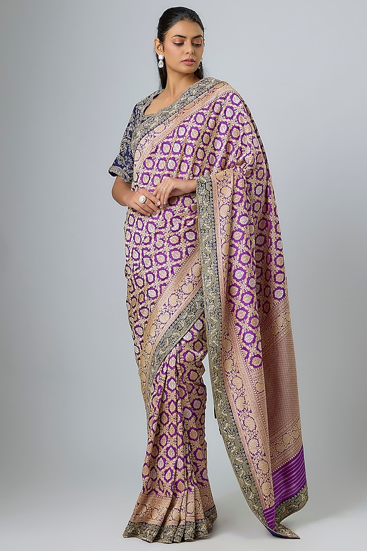 Purple Banarasi Zardosi Embroidered Bridal Saree Set by Jayanti Reddy at Pernia's Pop Up Shop