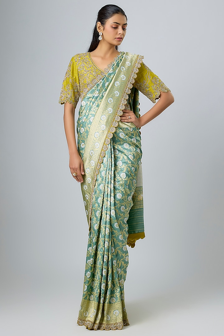 Mint Green Banarasi Zardosi Embroidered Bridal Saree Set by Jayanti Reddy at Pernia's Pop Up Shop