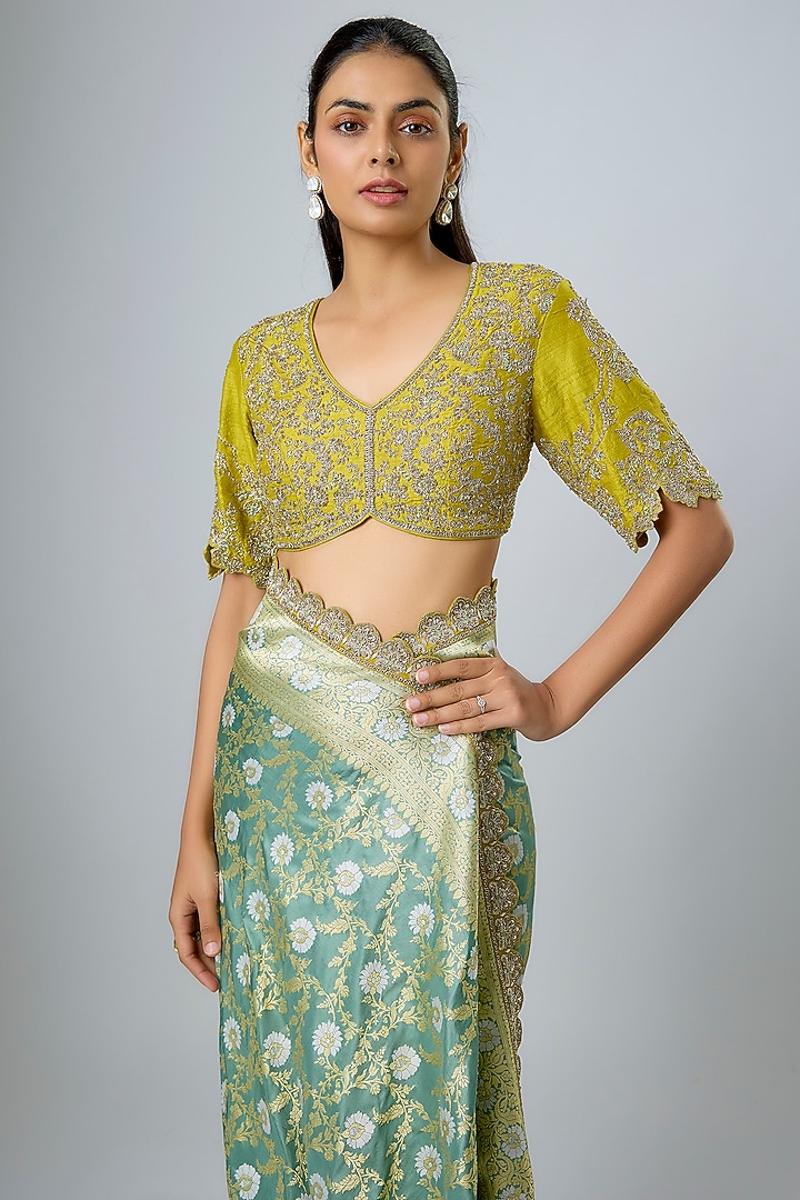 Mint Green Banarasi Zardosi Embroidered Bridal Saree Set by Jayanti Reddy at Pernia's Pop Up Shop
