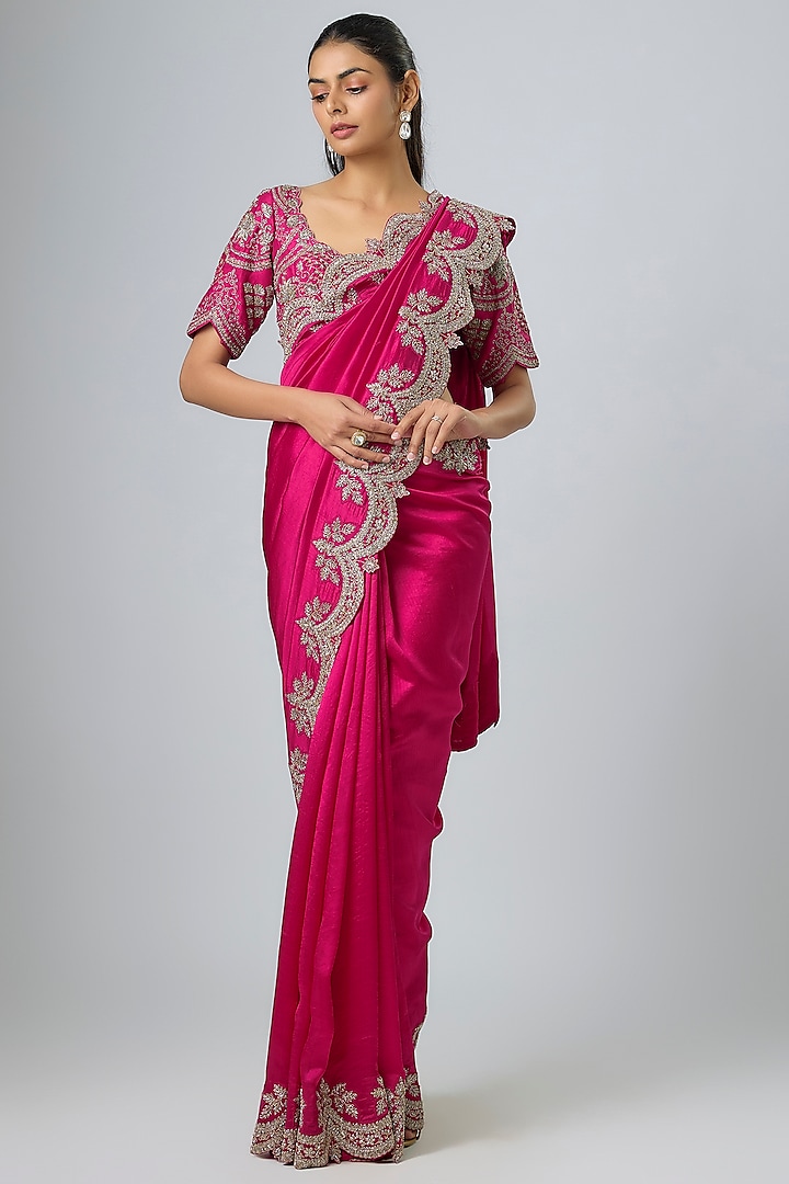 Pink Silk Zardosi Embroidered Bridal Saree Set by Jayanti Reddy at Pernia's Pop Up Shop