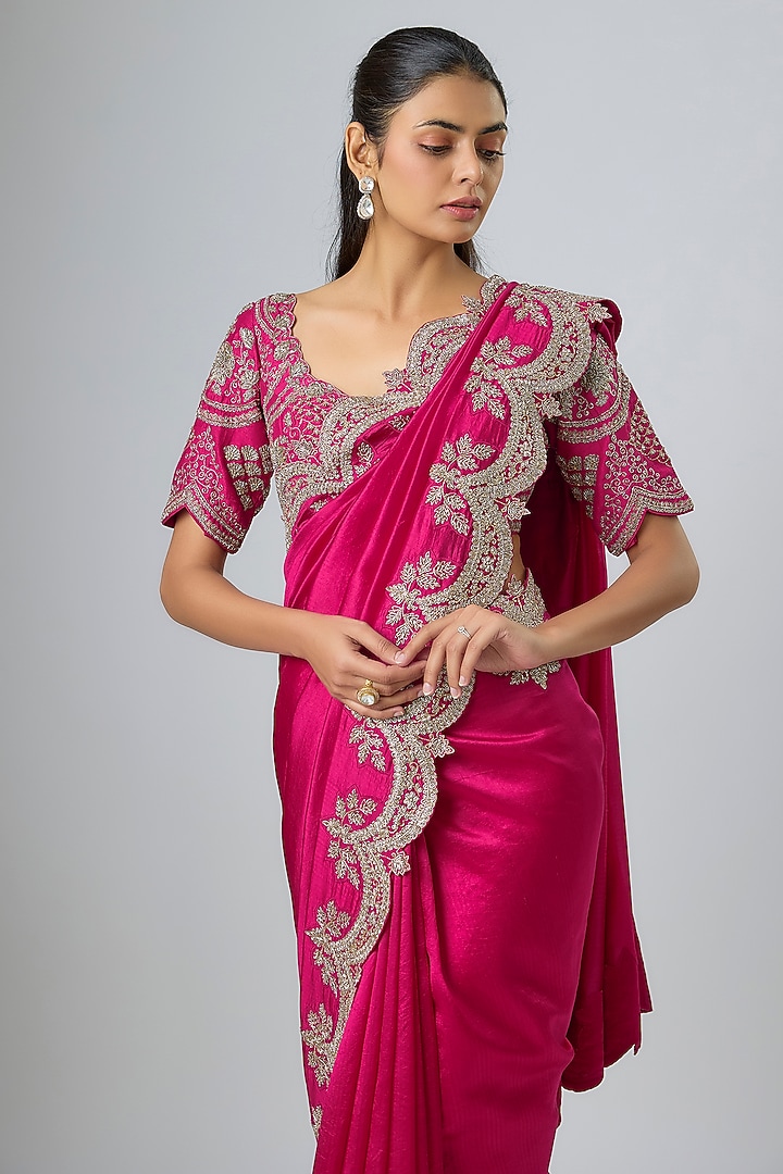Pink Silk Zardosi Embroidered Bridal Saree Set by Jayanti Reddy at Pernia's Pop Up Shop