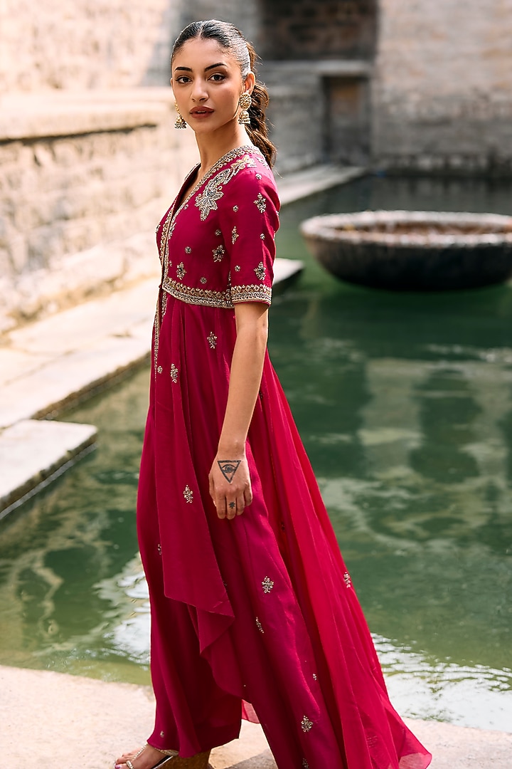 Pink Silk Zardosi Embroidered High-Low Bridal Anarkali Set by Jayanti Reddy at Pernia's Pop Up Shop