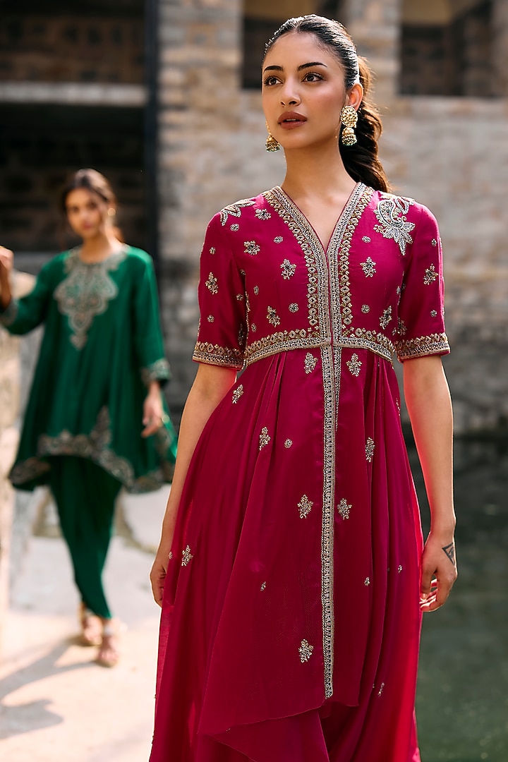 Pink Silk Zardosi Embroidered High-Low Bridal Anarkali Set by Jayanti Reddy at Pernia's Pop Up Shop