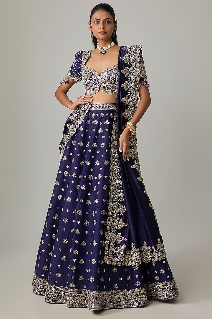 Purple Raw Silk Hand Embroidered Bridal Lehenga Set by Jayanti Reddy at Pernia's Pop Up Shop