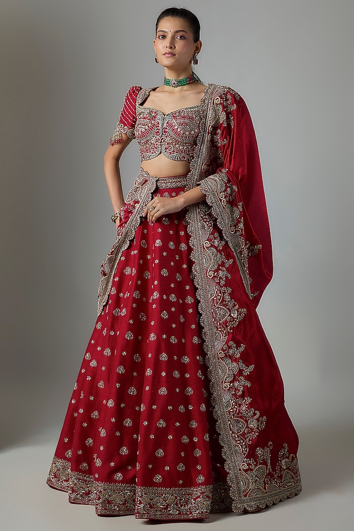 Red Raw Silk Hand Embroidered Bridal Bridal Lehenga Set by Jayanti Reddy at Pernia's Pop Up Shop