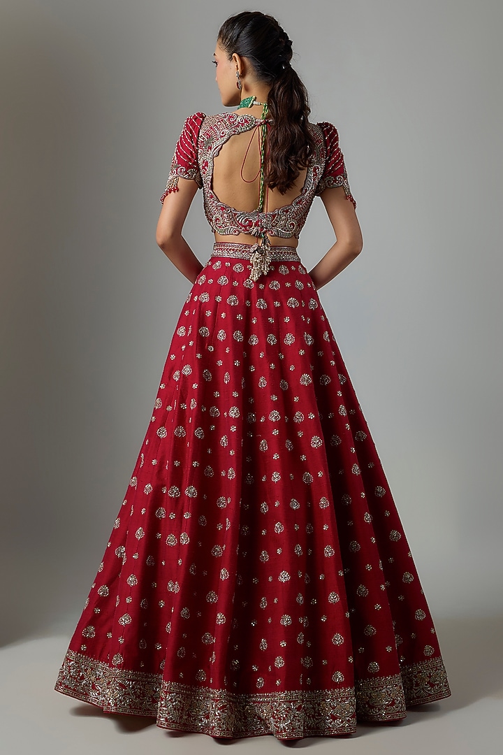 Red Raw Silk Hand Embroidered Bridal Bridal Lehenga Set by Jayanti Reddy at Pernia's Pop Up Shop