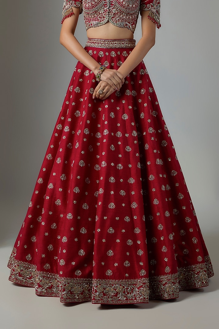 Red Raw Silk Hand Embroidered Bridal Bridal Lehenga Set by Jayanti Reddy at Pernia's Pop Up Shop