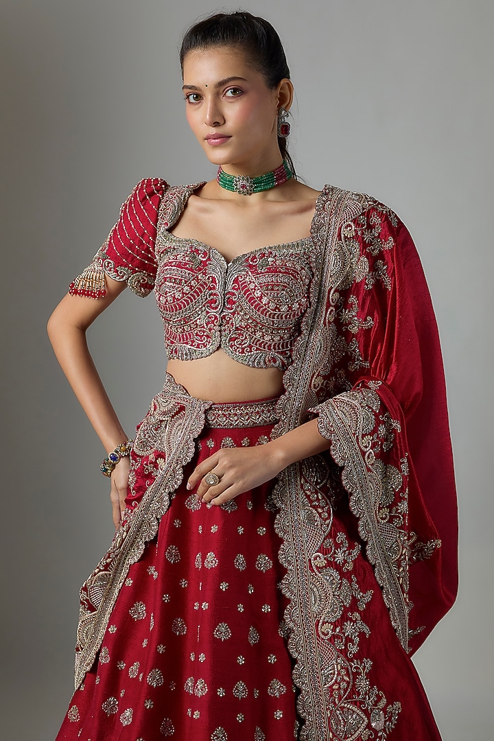 Red Raw Silk Hand Embroidered Bridal Bridal Lehenga Set by Jayanti Reddy at Pernia's Pop Up Shop