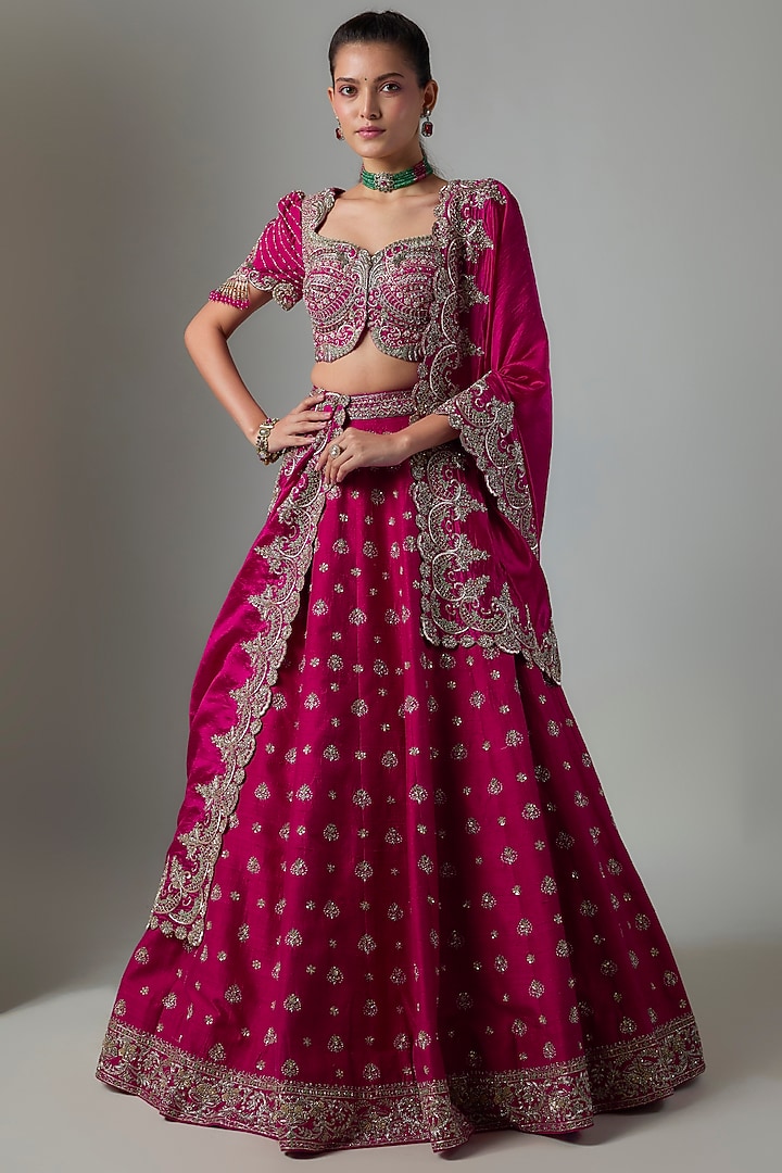 Pink Raw Silk Hand Embroidered Bridal Bridal Lehenga Set by Jayanti Reddy at Pernia's Pop Up Shop