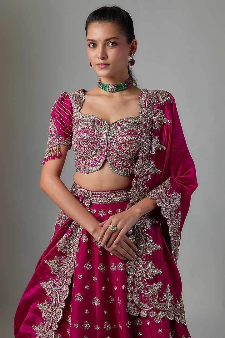Pink Raw Silk Hand Embroidered Bridal Bridal Lehenga Set by Jayanti Reddy at Pernia's Pop Up Shop
