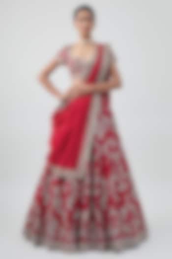 Red Raw Silk Hand Embroidered Bridal Lehenga Set by Jayanti Reddy at Pernia's Pop Up Shop