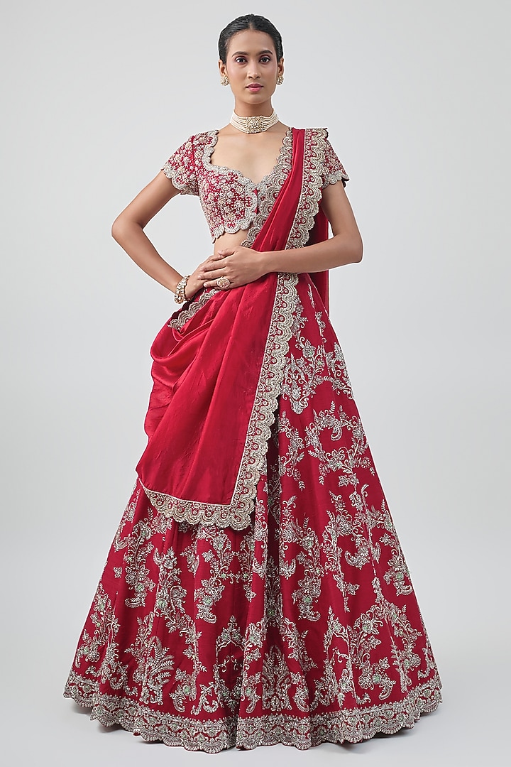 Red Raw Silk Hand Embroidered Bridal Lehenga Set by Jayanti Reddy at Pernia's Pop Up Shop
