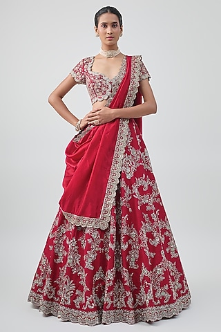 Red Raw Silk Hand Embroidered Lehenga Set by Jayanti Reddy