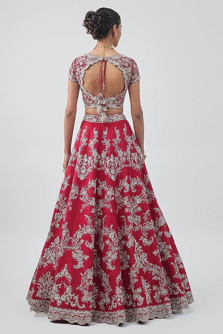 Red Raw Silk Hand Embroidered Bridal Lehenga Set by Jayanti Reddy at Pernia's Pop Up Shop