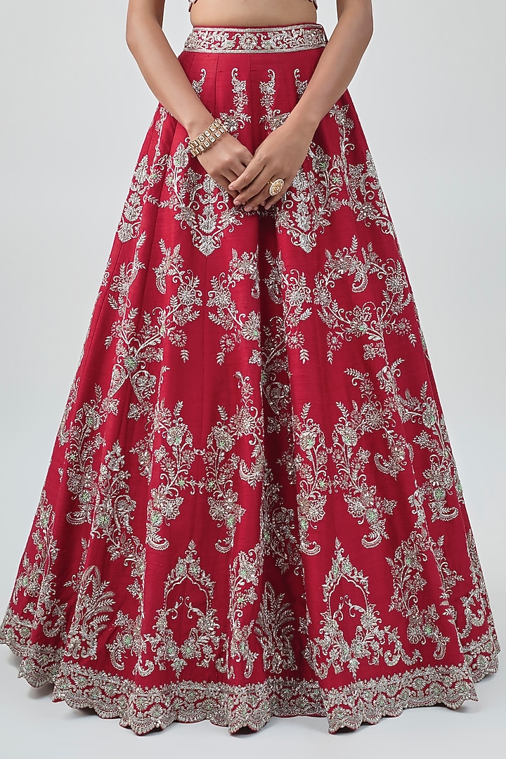 Red Raw Silk Hand Embroidered Bridal Lehenga Set by Jayanti Reddy at Pernia's Pop Up Shop