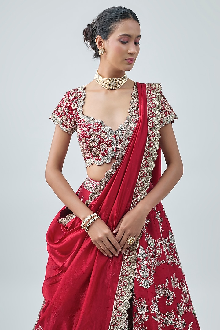 Red Raw Silk Hand Embroidered Bridal Lehenga Set by Jayanti Reddy at Pernia's Pop Up Shop