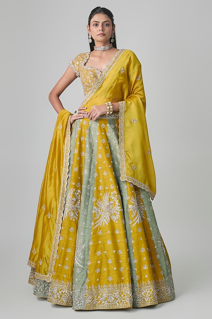 Mint & Mustard Raw Silk Zardosi Embroidered Bridal Bridal Lehenga Set by Jayanti Reddy at Pernia's Pop Up Shop