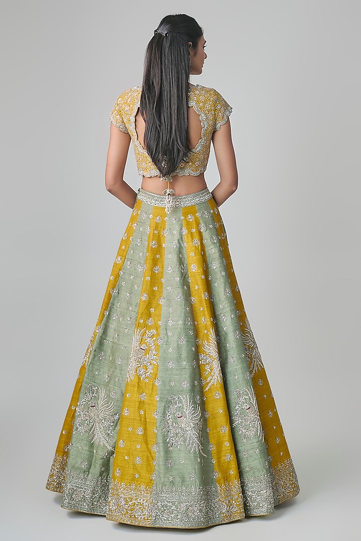 Mint & Mustard Raw Silk Zardosi Embroidered Bridal Bridal Lehenga Set by Jayanti Reddy at Pernia's Pop Up Shop