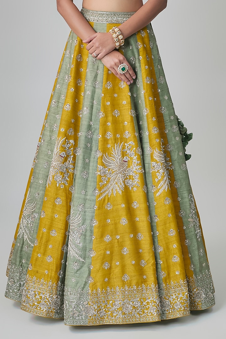 Mint & Mustard Raw Silk Zardosi Embroidered Bridal Bridal Lehenga Set by Jayanti Reddy at Pernia's Pop Up Shop