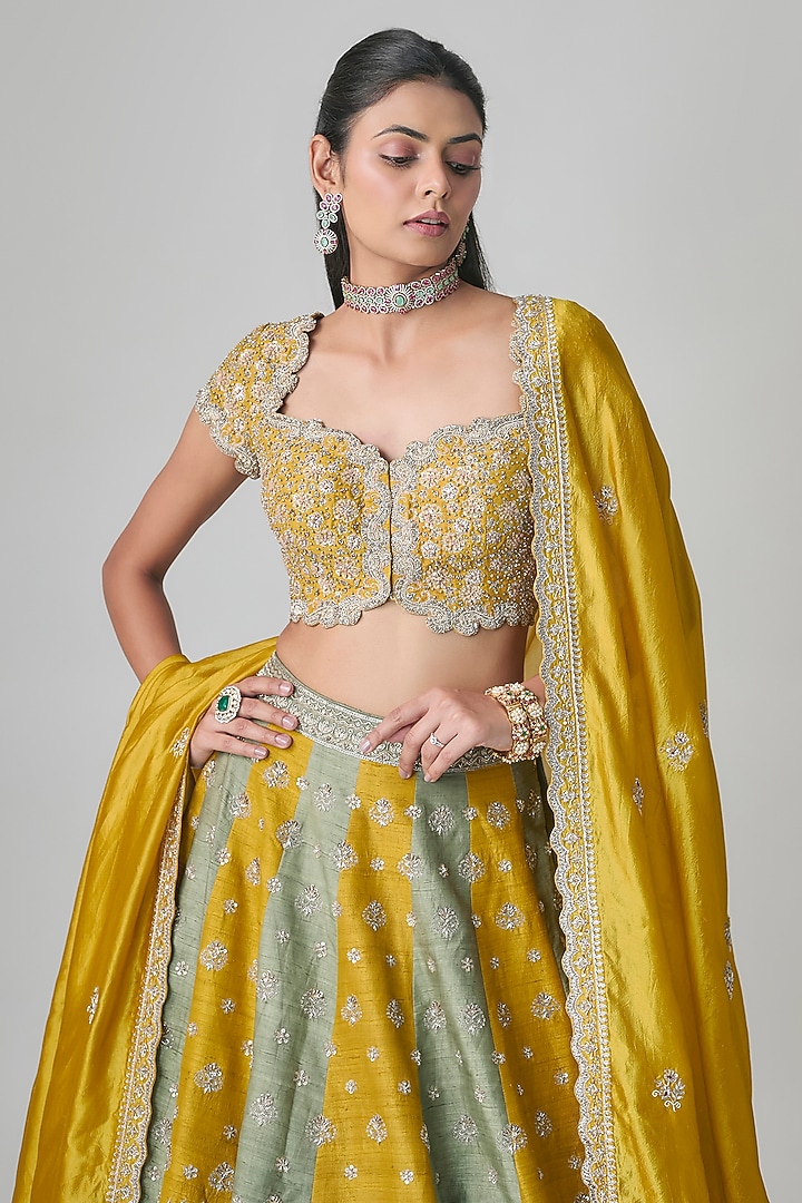 Mint & Mustard Raw Silk Zardosi Embroidered Bridal Bridal Lehenga Set by Jayanti Reddy at Pernia's Pop Up Shop