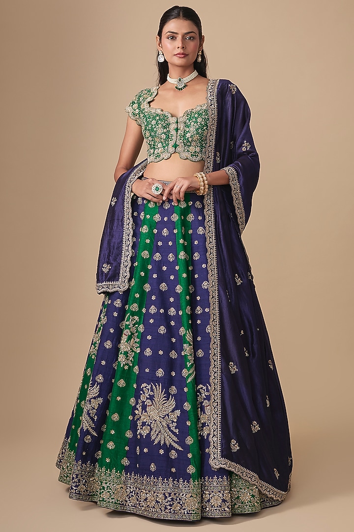 Bottle Green Raw Silk Zardosi Embroidered Bridal Lehenga Set by Jayanti Reddy at Pernia's Pop Up Shop