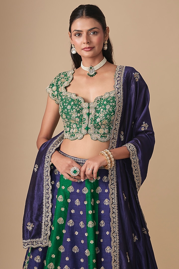 Bottle Green Raw Silk Zardosi Embroidered Bridal Bridal Lehenga Set by Jayanti Reddy at Pernia's Pop Up Shop