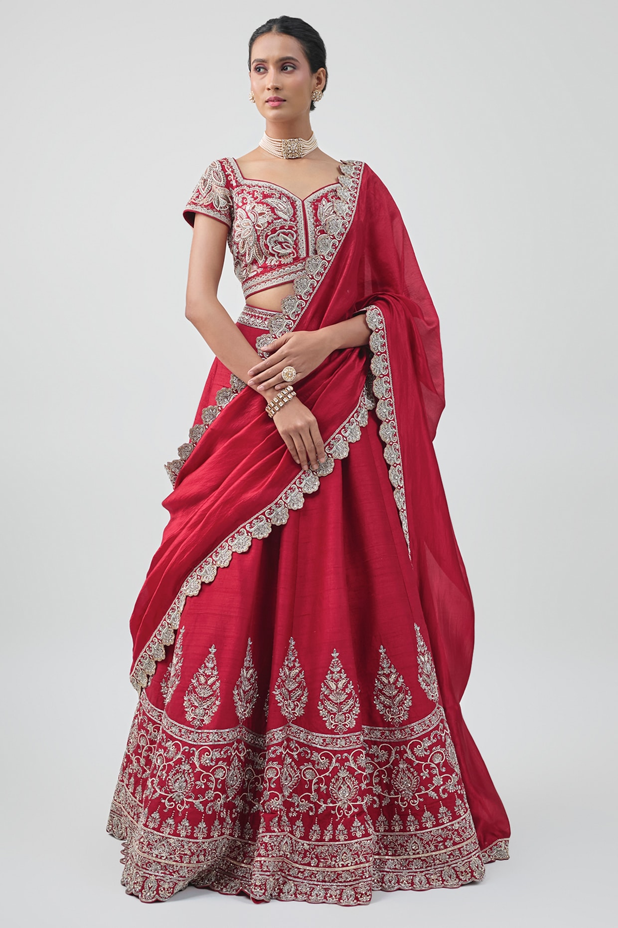 Jayanti Reddy Red Raw Silk Hand Embroidered Lehenga Set